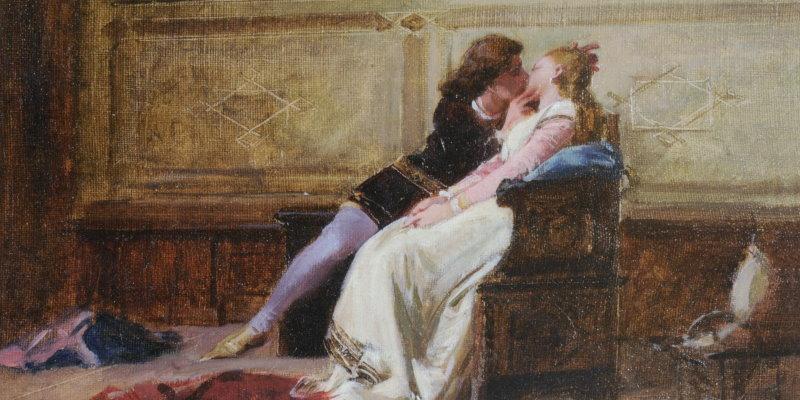 Amos Cassioli (1832-1891), Il bacio, olio su tela, 1870 ca.  Replica della prima versione del dipinto oggi disperso