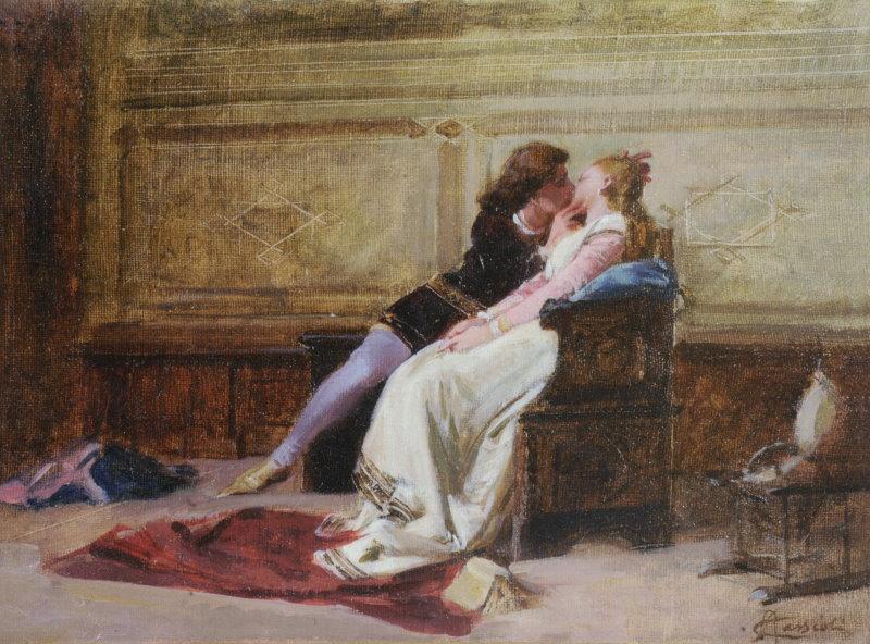 Amos Cassioli (1832-1891), Il bacio, olio su tela, 1870 ca.  Replica della prima versione del dipinto oggi disperso