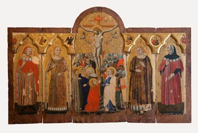 polyptych with "Crucifixion and the Saints Damiano, Cosma, Caterina and Barbara"